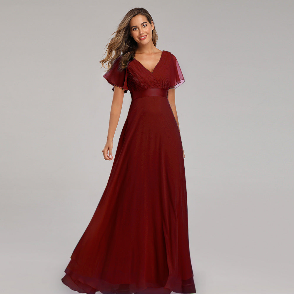 Hand-Folded Large V-neck Dress Chiffon Elastic Banquet Bridesmaid Evening Dress for Women