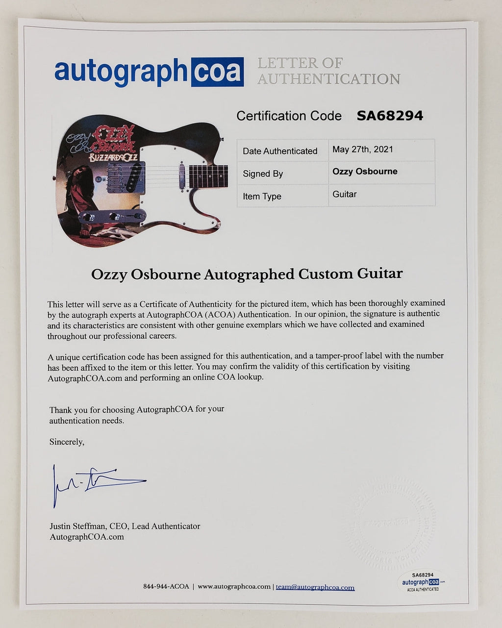 Ozzy Osbourne Autographed Blizzard Of Ozz Album Lp Graphics Photo Guitar BAS Witness