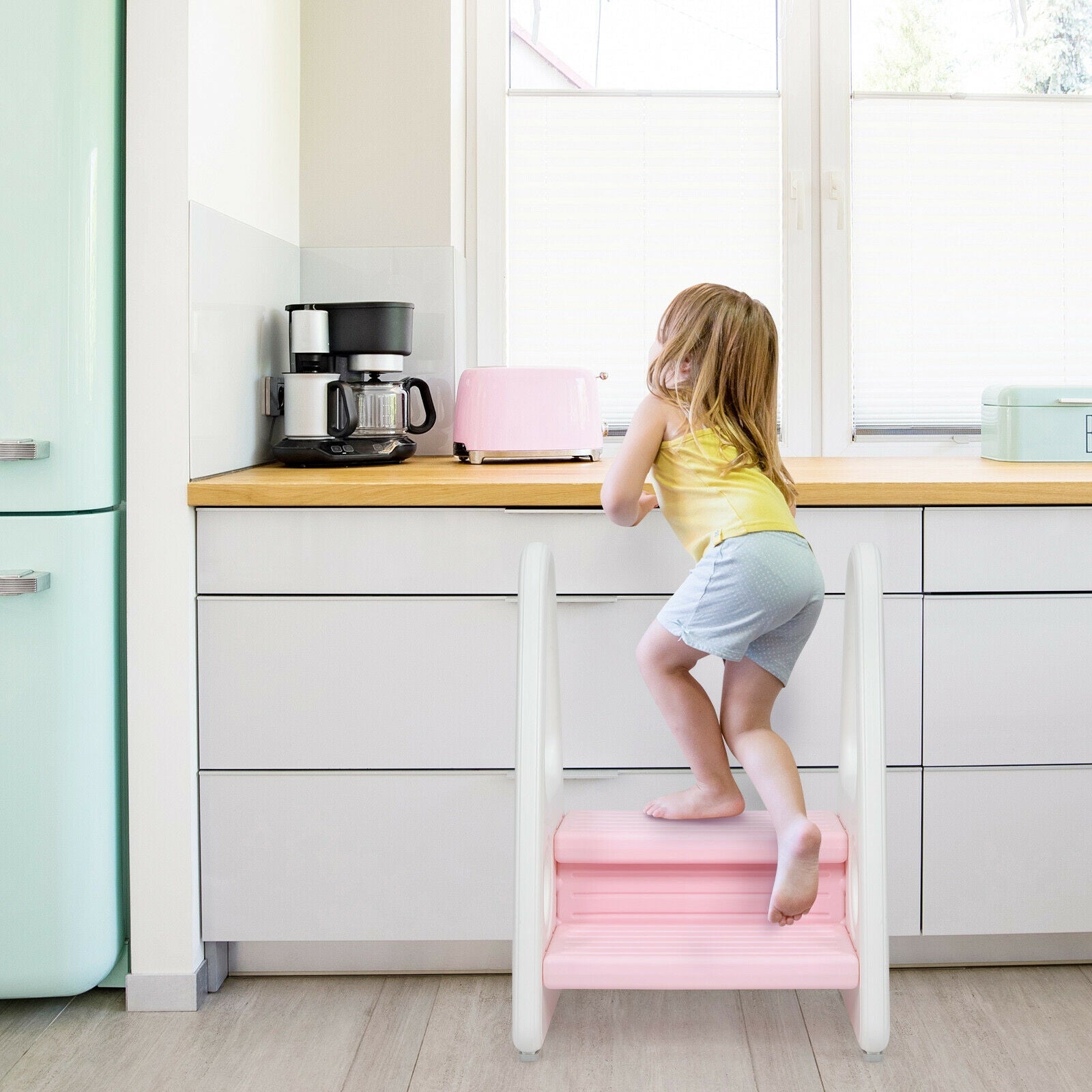 Kids Step Stool Learning Helper with Armrest for Kitchen Toilet Potty Training-Pink