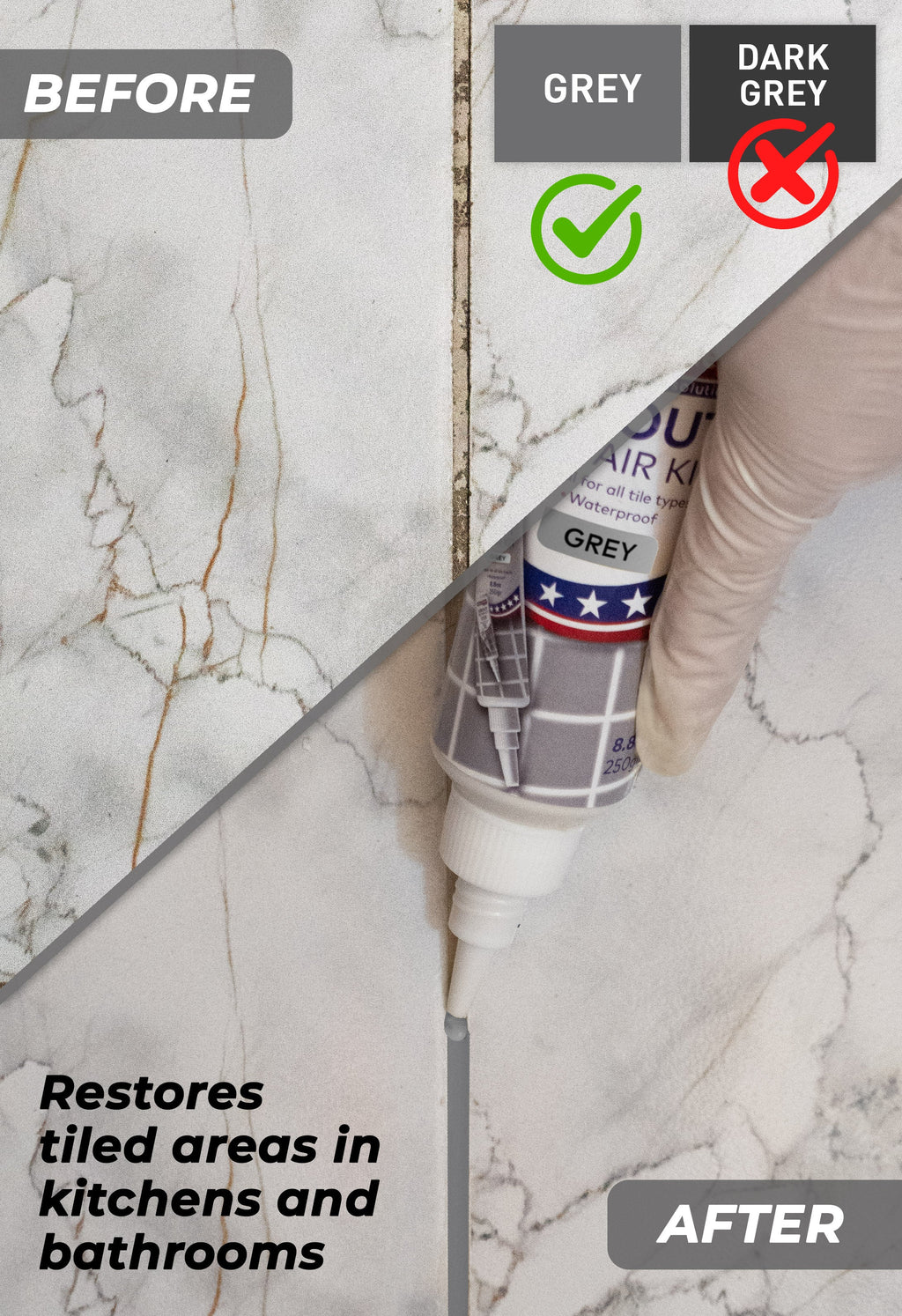 Tile Grout Repair, Grey 8.8 oz/250gr. Fast Drying Grout Repair Kit