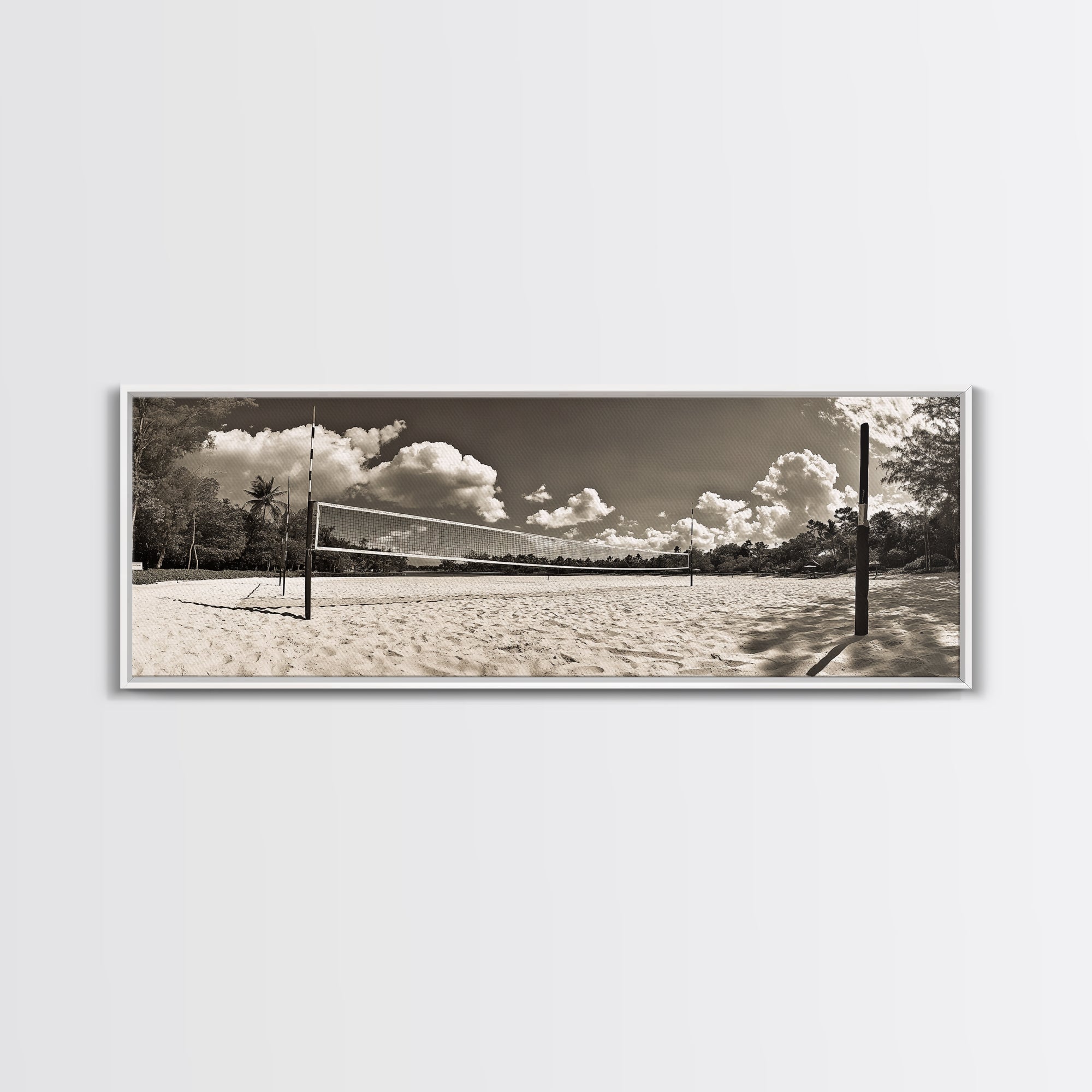 Beach Volleyball, Sand Court, Summer Fun, Tropical Clouds, Framed Canvas Print, Sports Room Wall Art, Coastal Decor, Sepia Beach Art