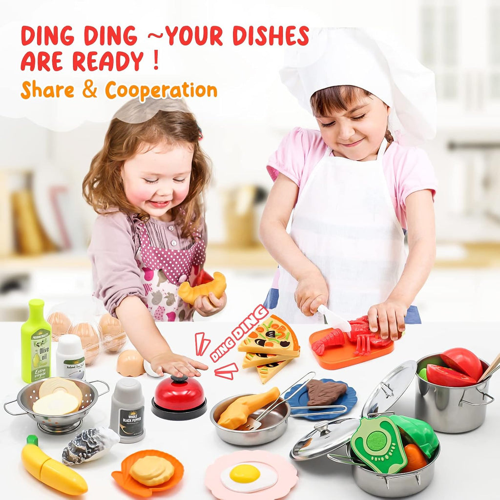 Kids Kitchen Playset - 38Pcs Stainless Steel Pots Pans Cooking Toys with Play Food Set