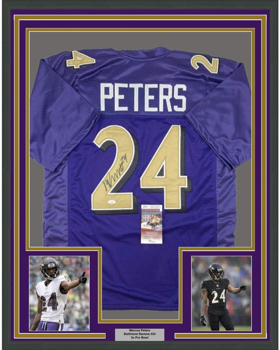 Framed Autographed/Signed Marcus Peters 35x39 Baltimore Color Rush Football Jersey JSA COA