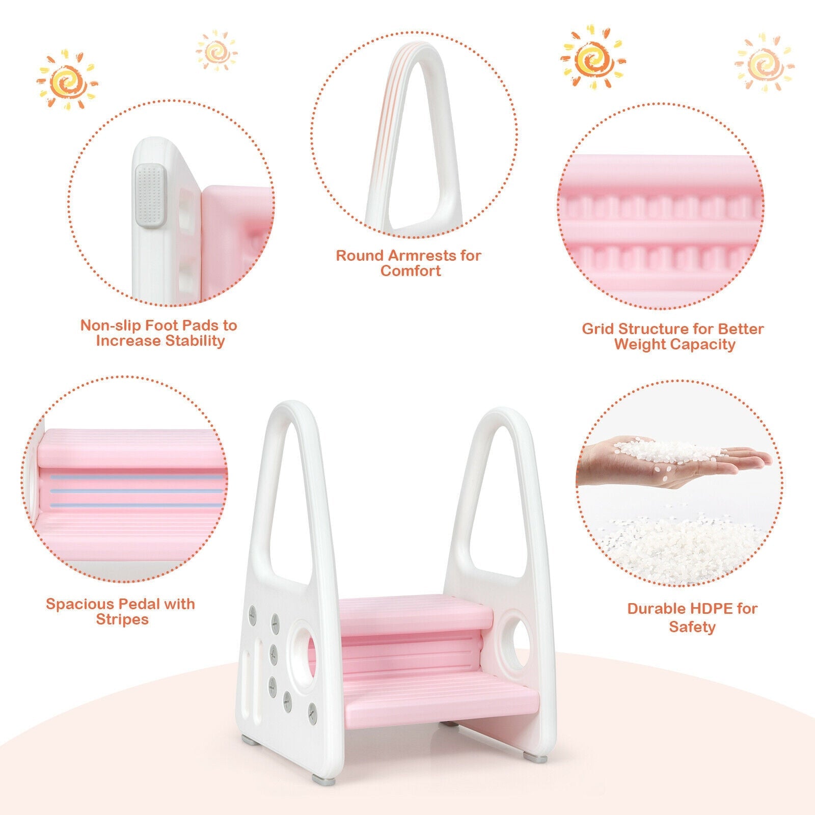 Kids Step Stool Learning Helper with Armrest for Kitchen Toilet Potty Training-Pink