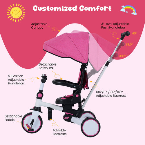 8-in-1 Folding Kids Tricycle with Removable Canopy and Push Handle