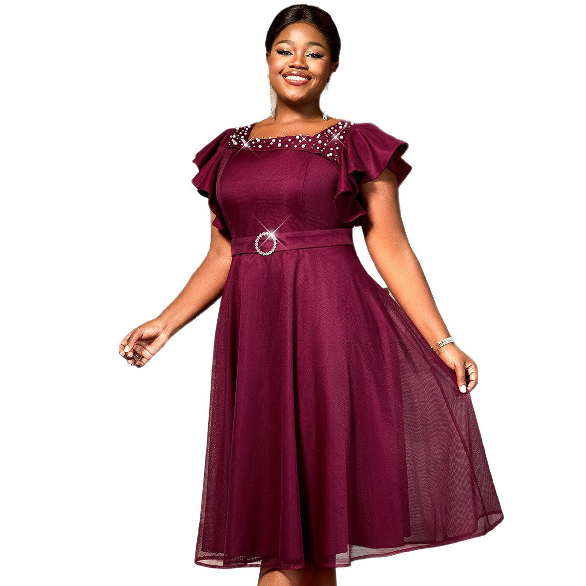 Summer Mesh Butterfly Sleeve Ruffles Party Wedding Guest Elegant Dress