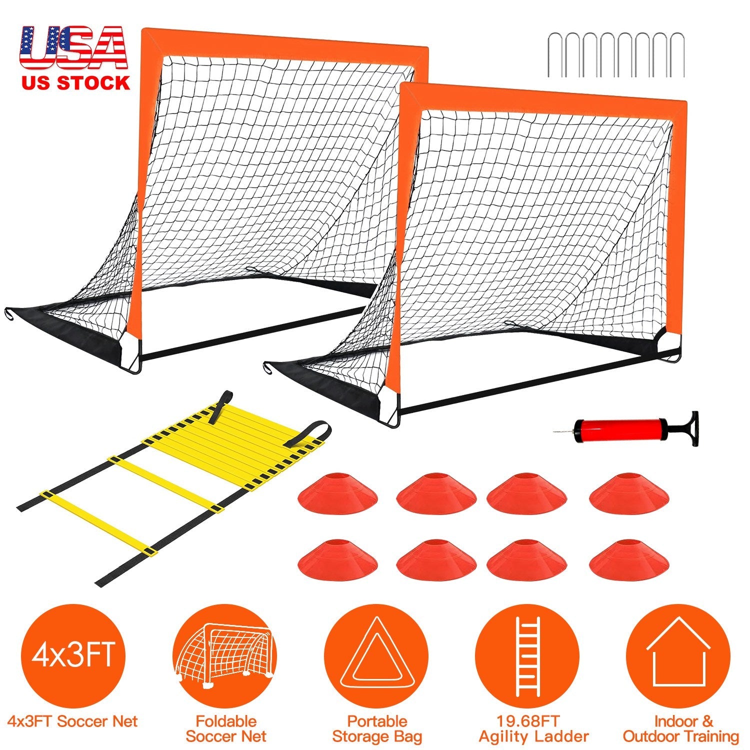 Kids Soccer Goal Training Equipment Set For Backyard Foldable 4x3FT Soccer Net Agility Ladder Inflatable Soccer Field Cones Portable Soccer Practice N