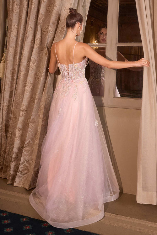 Andrea & Leo A1477 Deep V-Neck Floral Print Applique A-Line Ball Gown