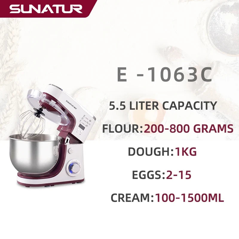 SUNATUR 5.5L Stand Mixer 1300w Planetary food Processor Timed dough kneader electric kitchen blender cream whipper Filling Mixer