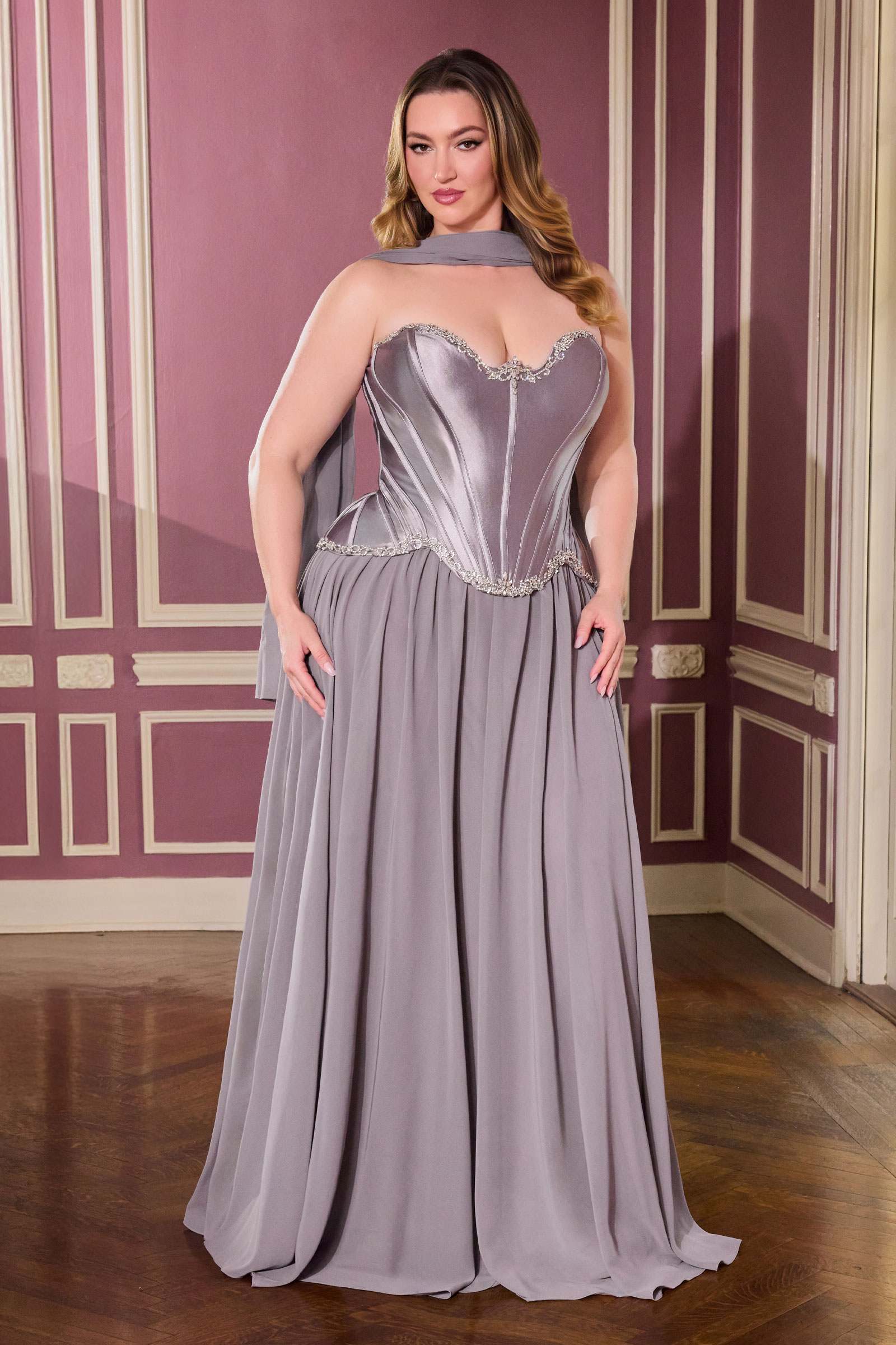 Ladivine CD668C Sculpted Satin Corset Bodice A-Line Plus Size Ball Gown