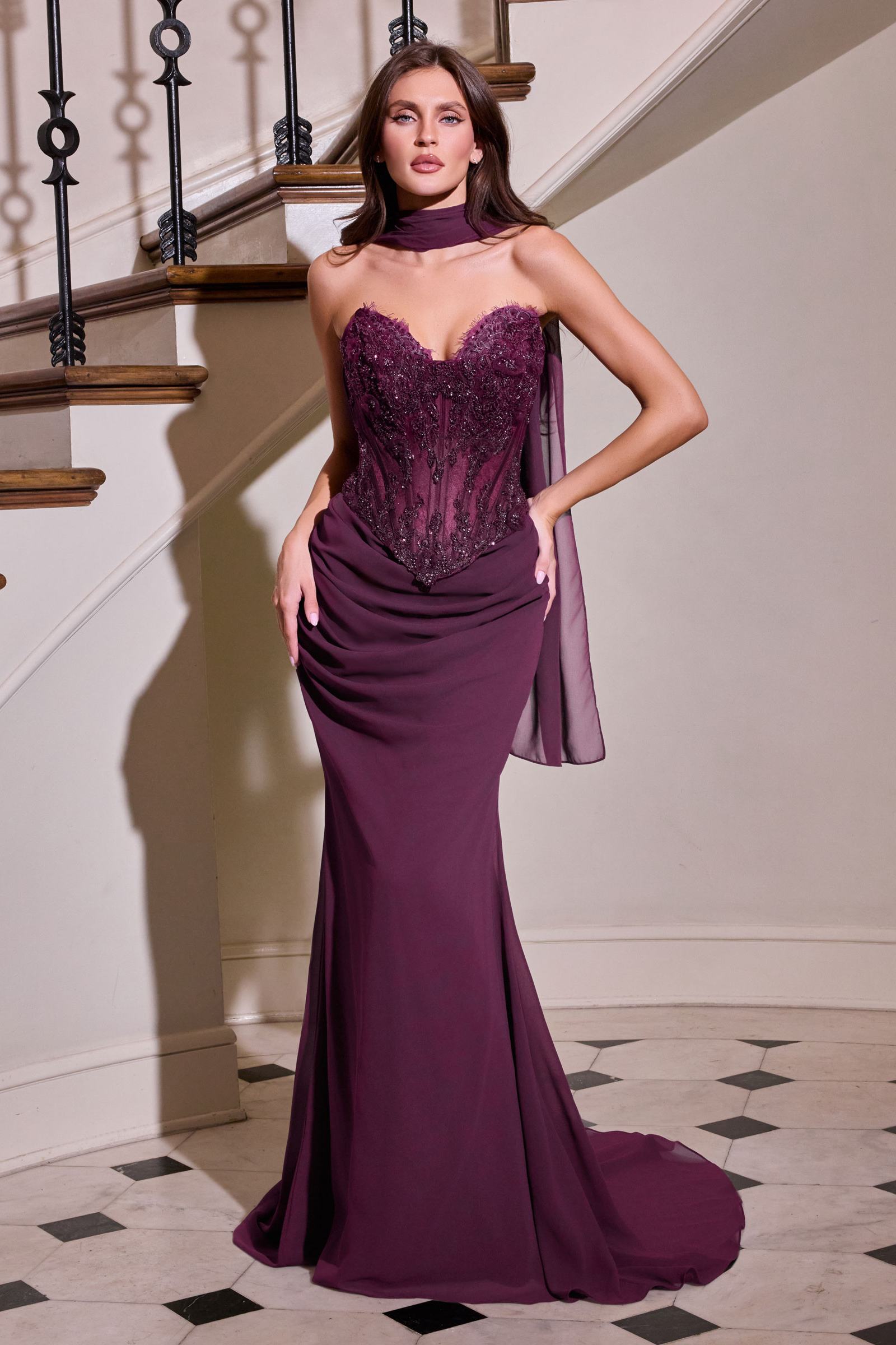 Ladivine CD683 Sculpted Strapless Neckline Soft Mesh Embellished Fitted Gown
