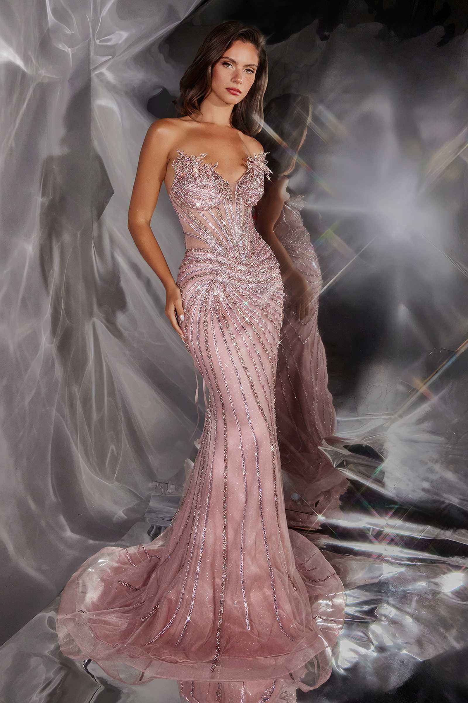 Ladivine CD715 Radiant Linear Beaded Strapless Mermaid Gown