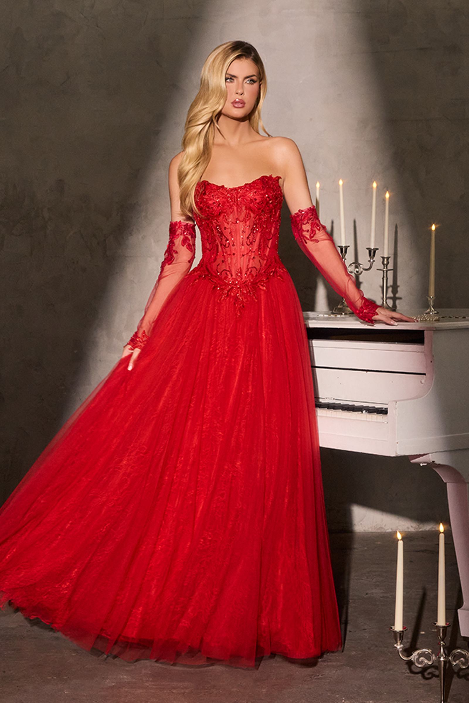 Ladivine CD717 Strapless A-Line Gown Lace Applique Tulle Skirt