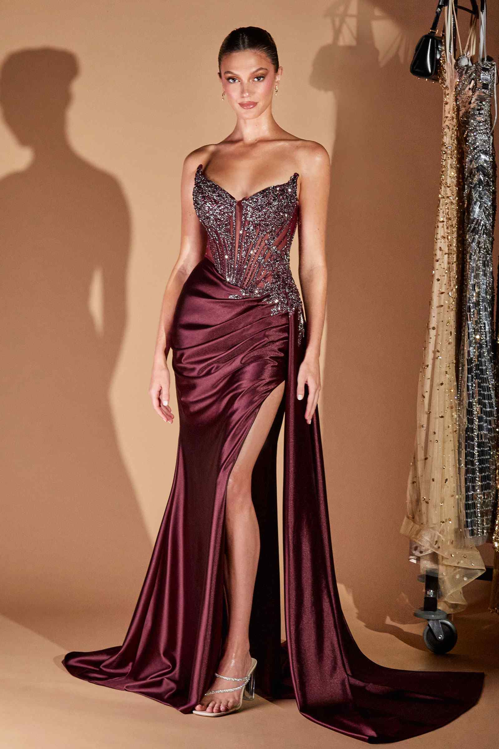 Ladivine CD722 Elegant Strapless Satin Fitted Evening Gown
