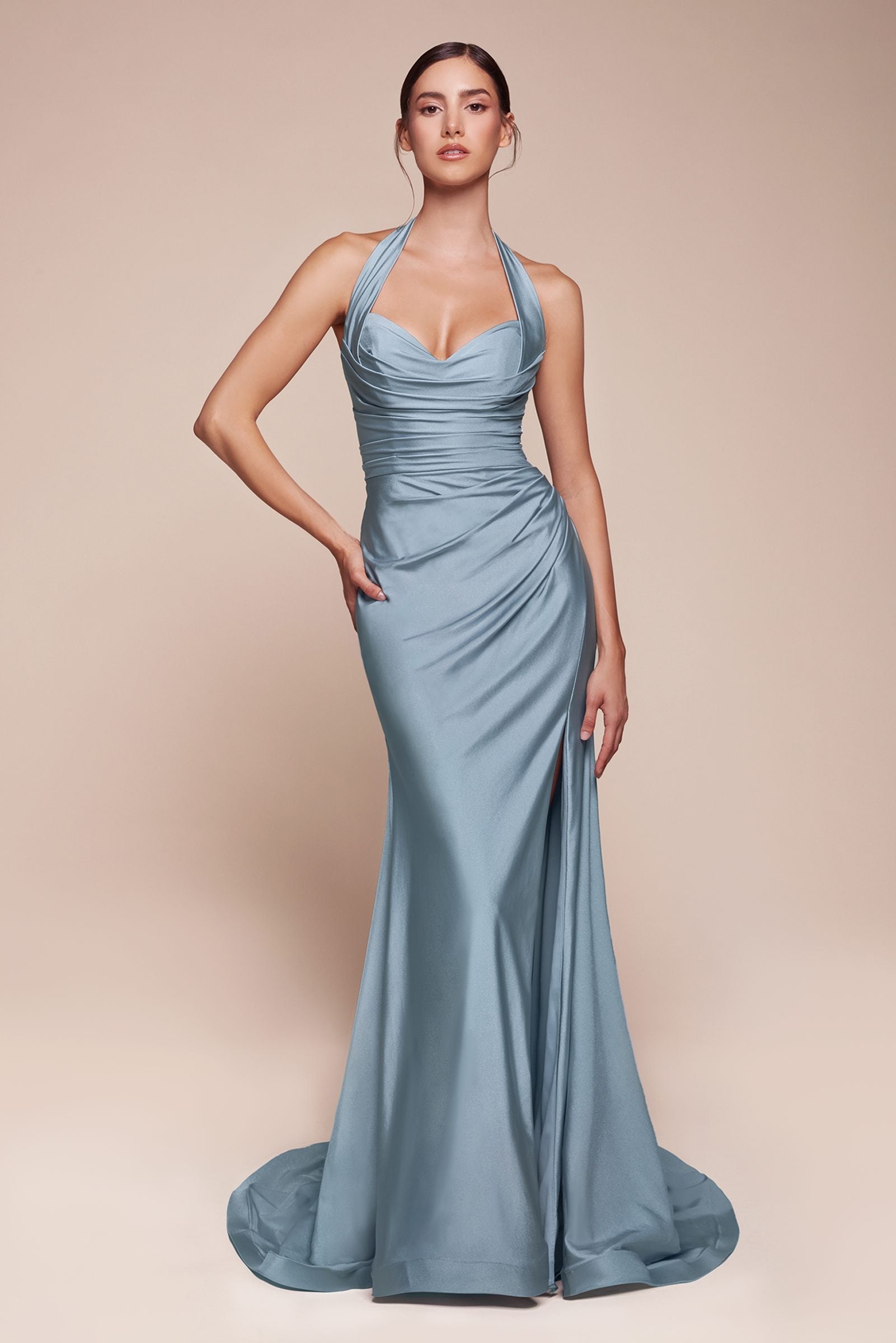 Ladivine CD796C Dress Stretch Satin Halter Fitted Curve Gown