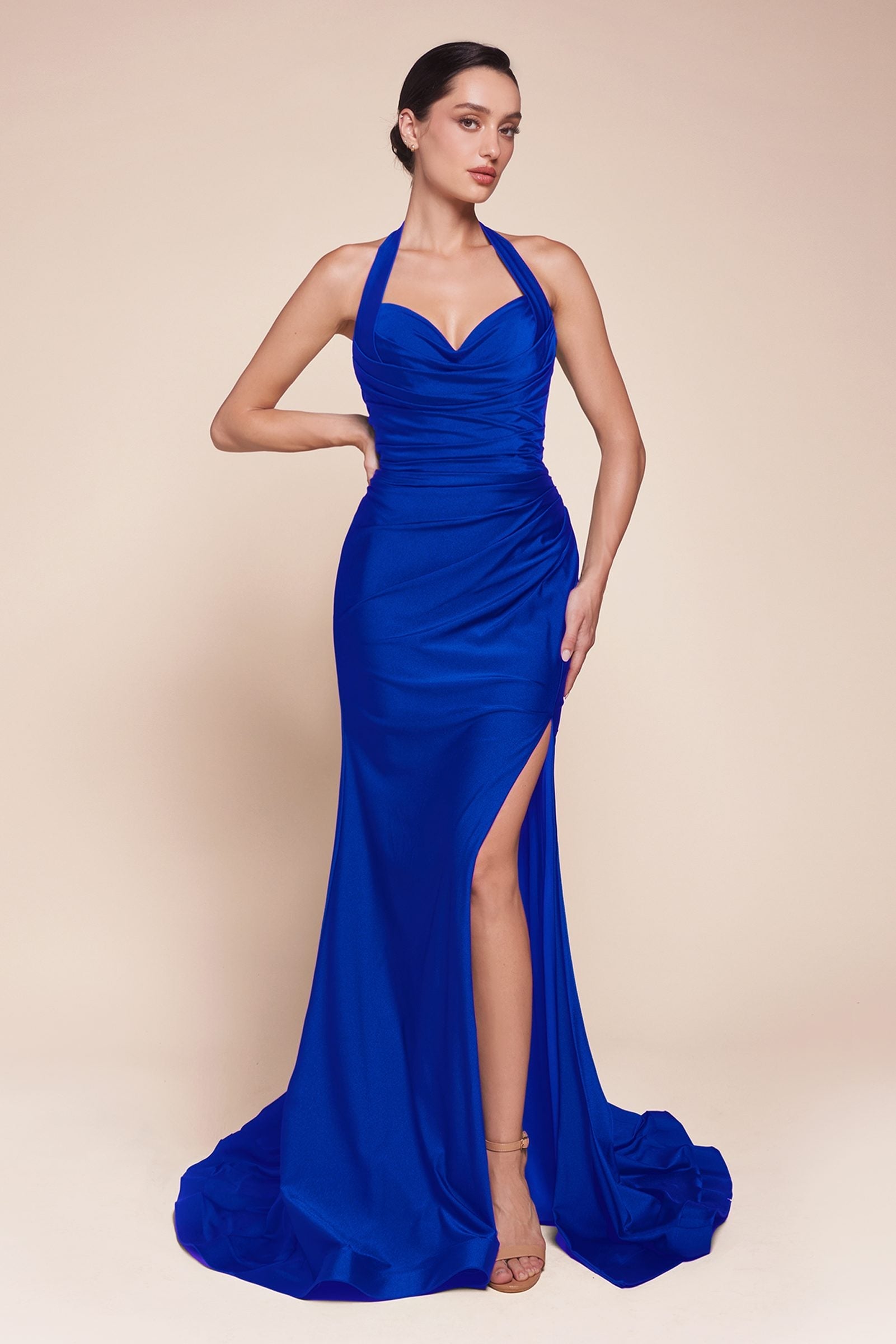 Ladivine CD796C Dress Stretch Satin Halter Fitted Curve Gown