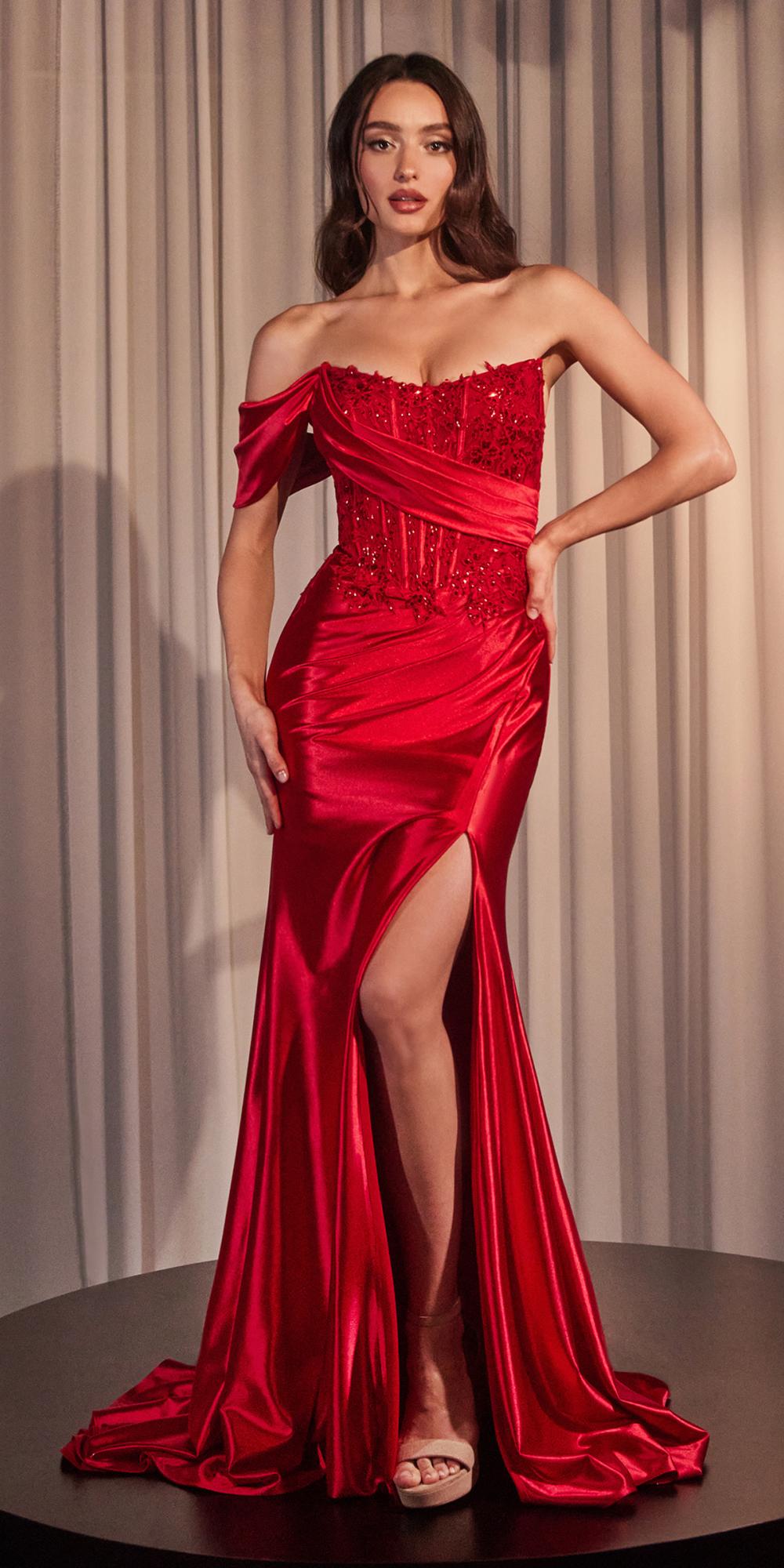 Ladivine CD804 Off Shoulder Lace & Satin Fit & Flare Prom Gown