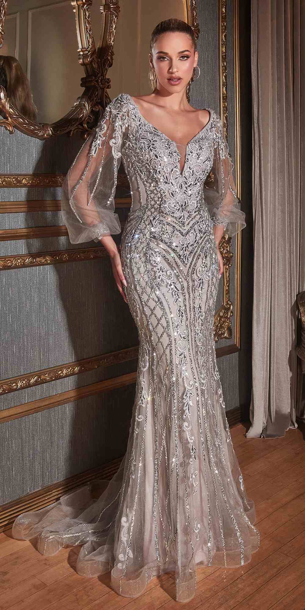 Ladivine CD864 Long Bishop Sheer Sleeve V-Neckline Embellished Gown