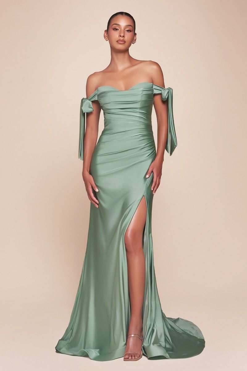 Ladivine CD943 Fitted Stretch Jersey Long Formal Dress Off Shoulder