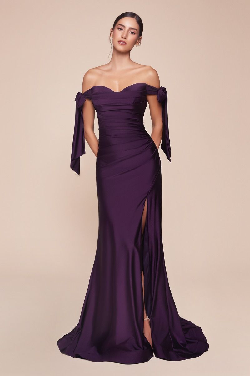 Ladivine CD943 Fitted Stretch Jersey Long Formal Dress Off Shoulder