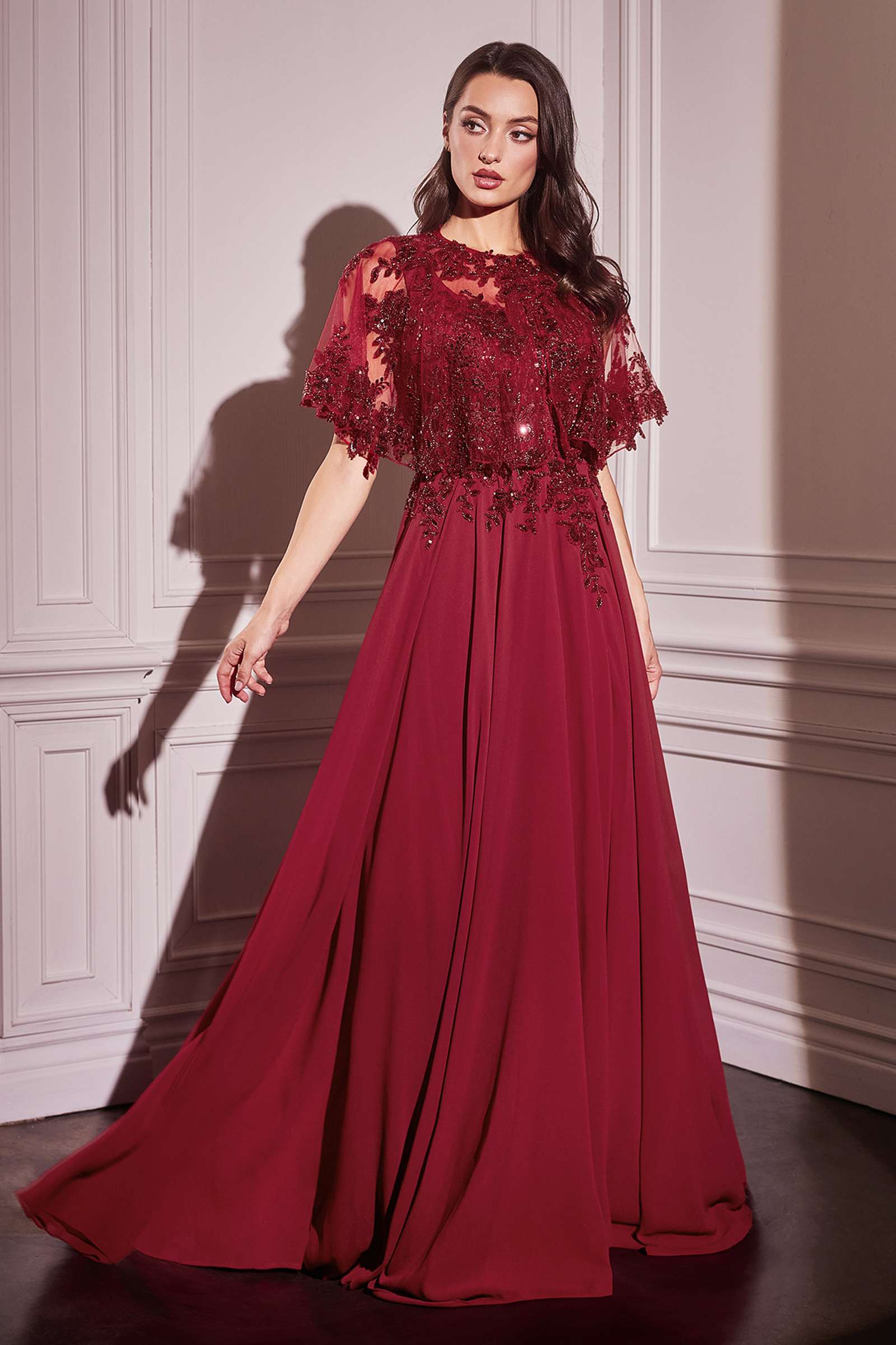 Ladivine CDS503 Dress Chiffon A-Line Beaded Lace Bodice Removable Cape