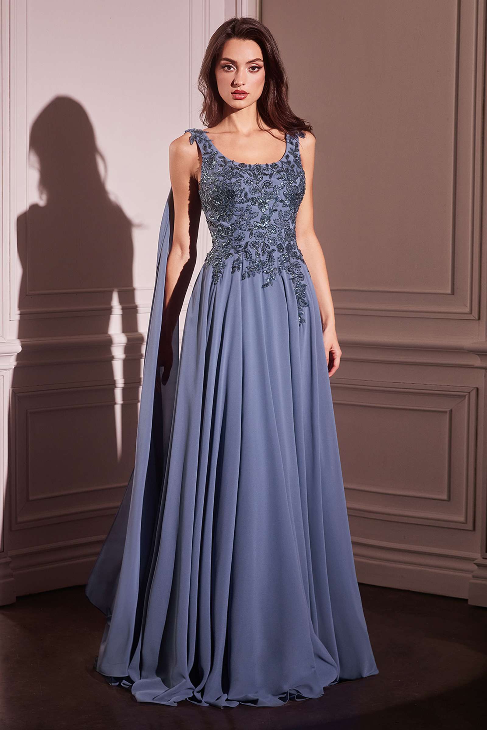 Ladivine CDS509 Dress Chiffon A-Line Gown & Long Cape Sleeves