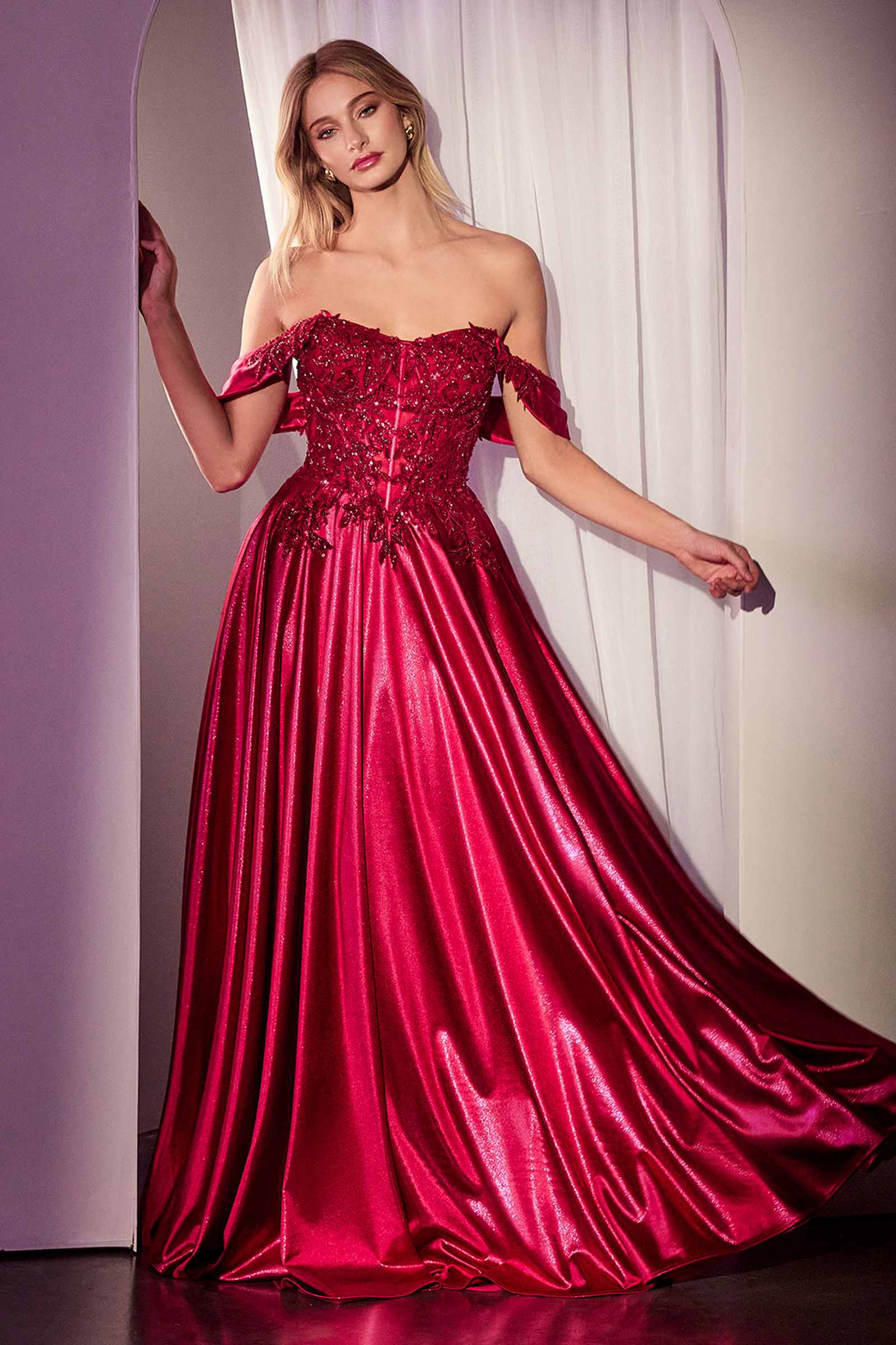 Ladivine CDS525 Dress Off The Shoulder Lace & Satin A-Line Prom Gown