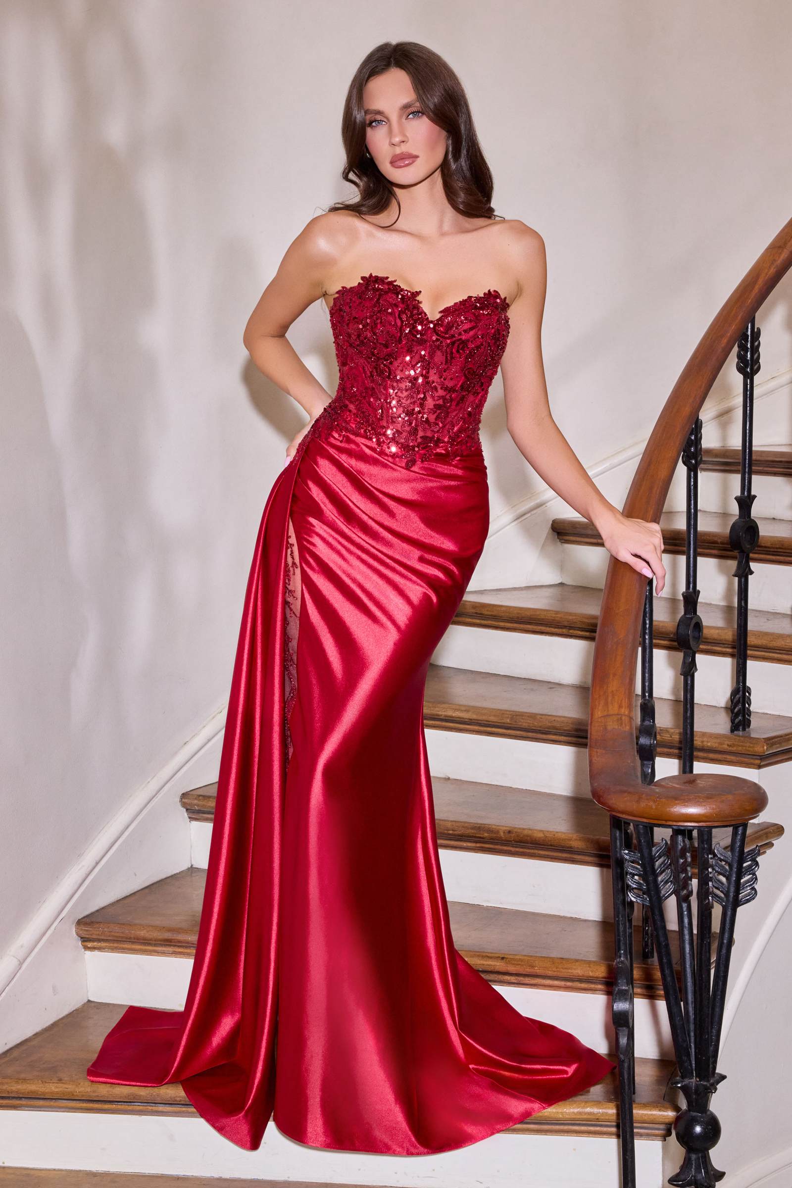Ladivine CDS565 Sleek Satin Strapless Sweetheart Sequin Applique Gown