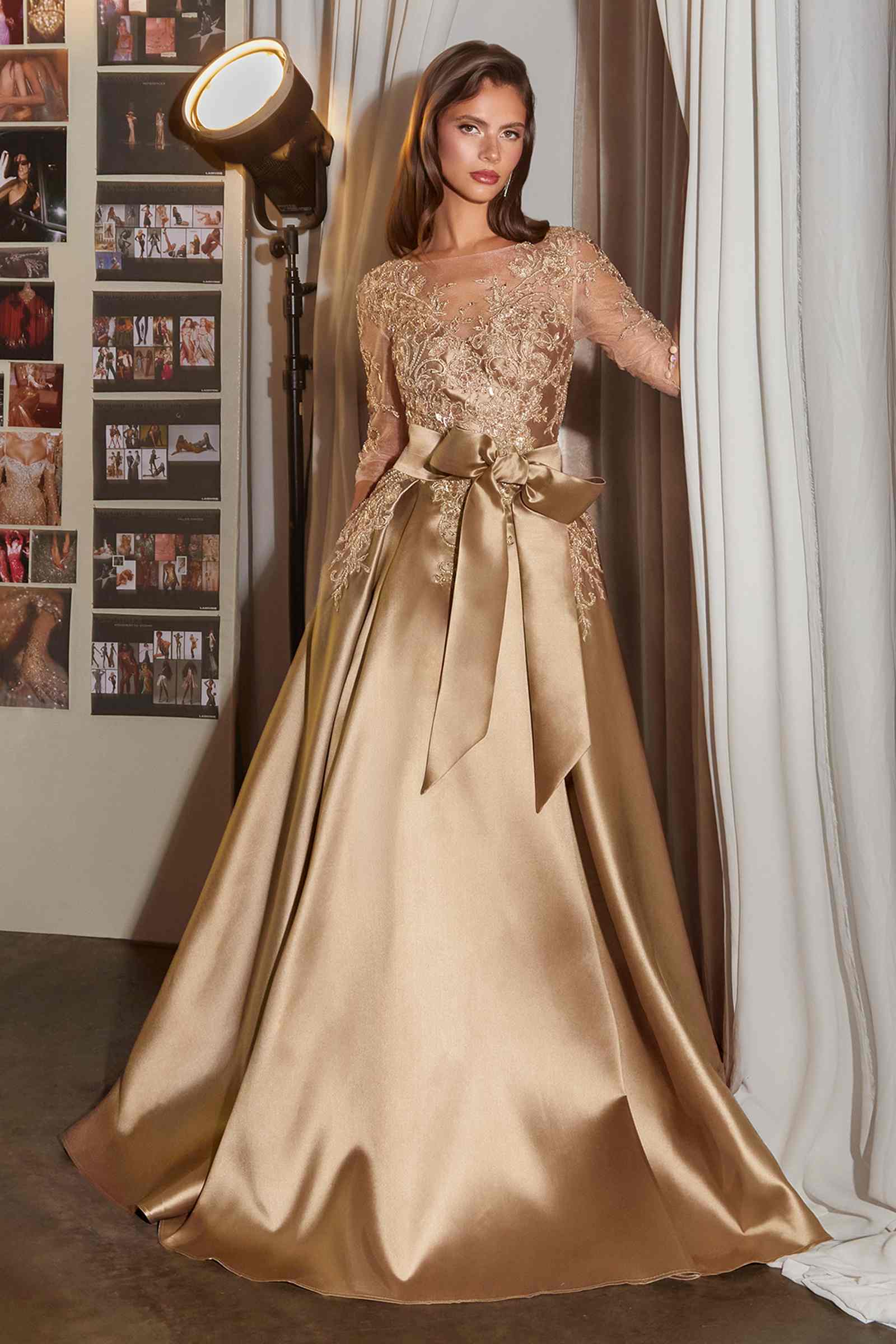 Ladivine CDS569 Three Quarter Sleeve Mikado Skirt A-Line Gown