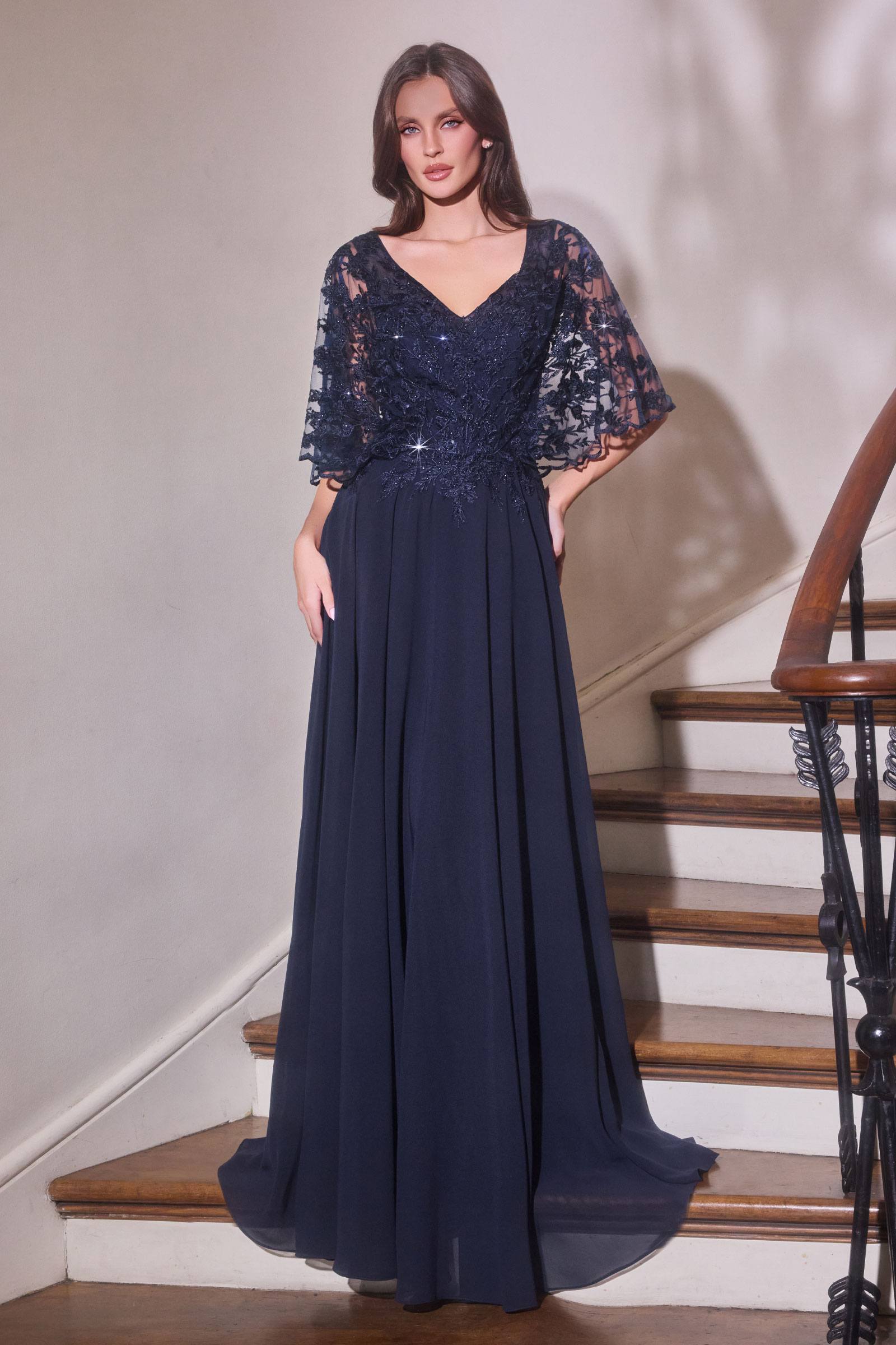 Ladivine CL10 Mother of the Bride V-Neckline Lace Bodice A-Line Gown