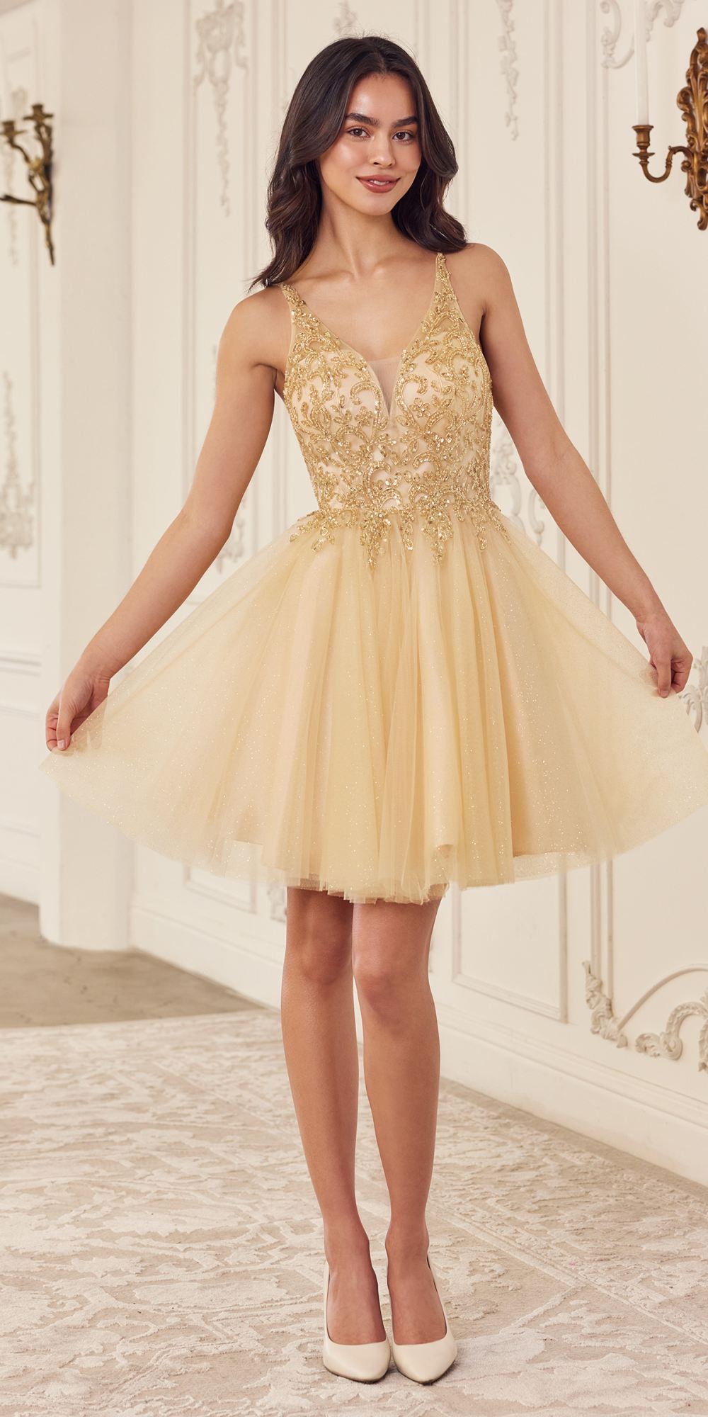 Ladivine CY022 Beaded A-Line Layered Tulle Short Homecoming Dress