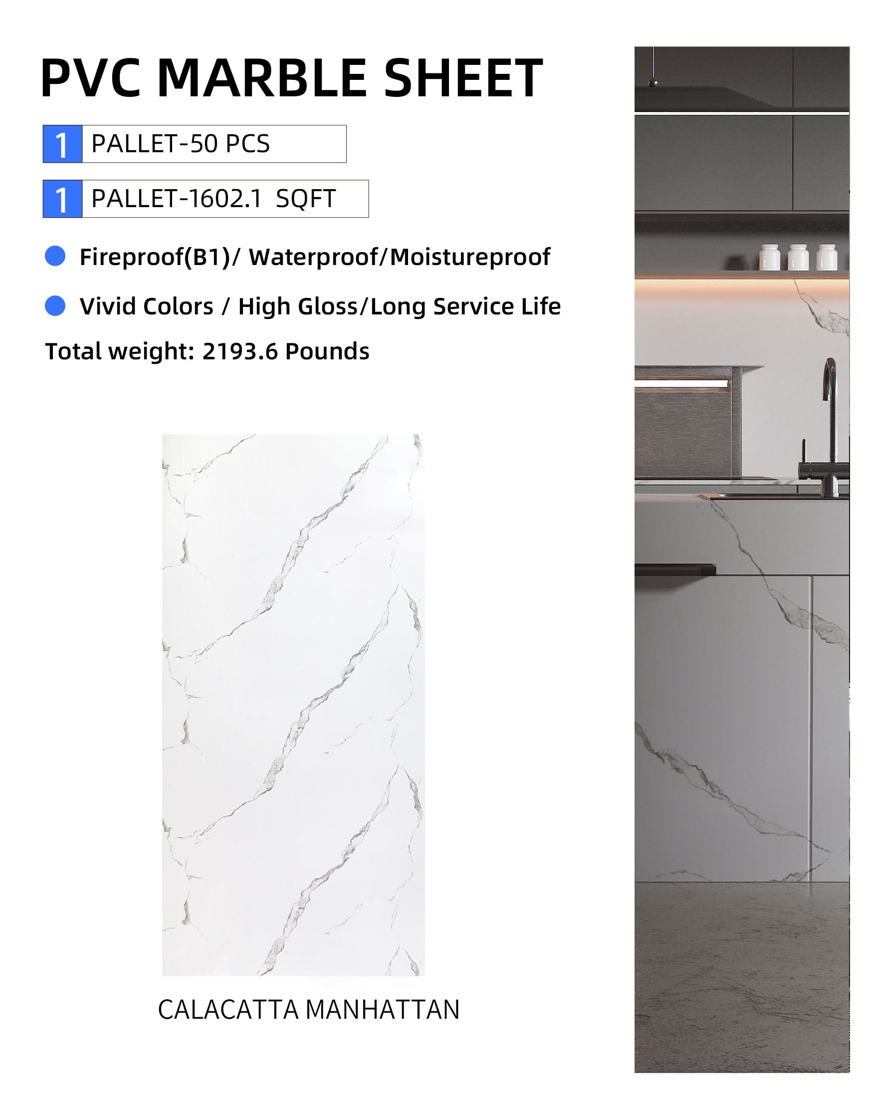 Calacatta Manhattan PVC Marble Sheets Wall Panel - Waterproof 4x8 ft (32 sq. ft)
