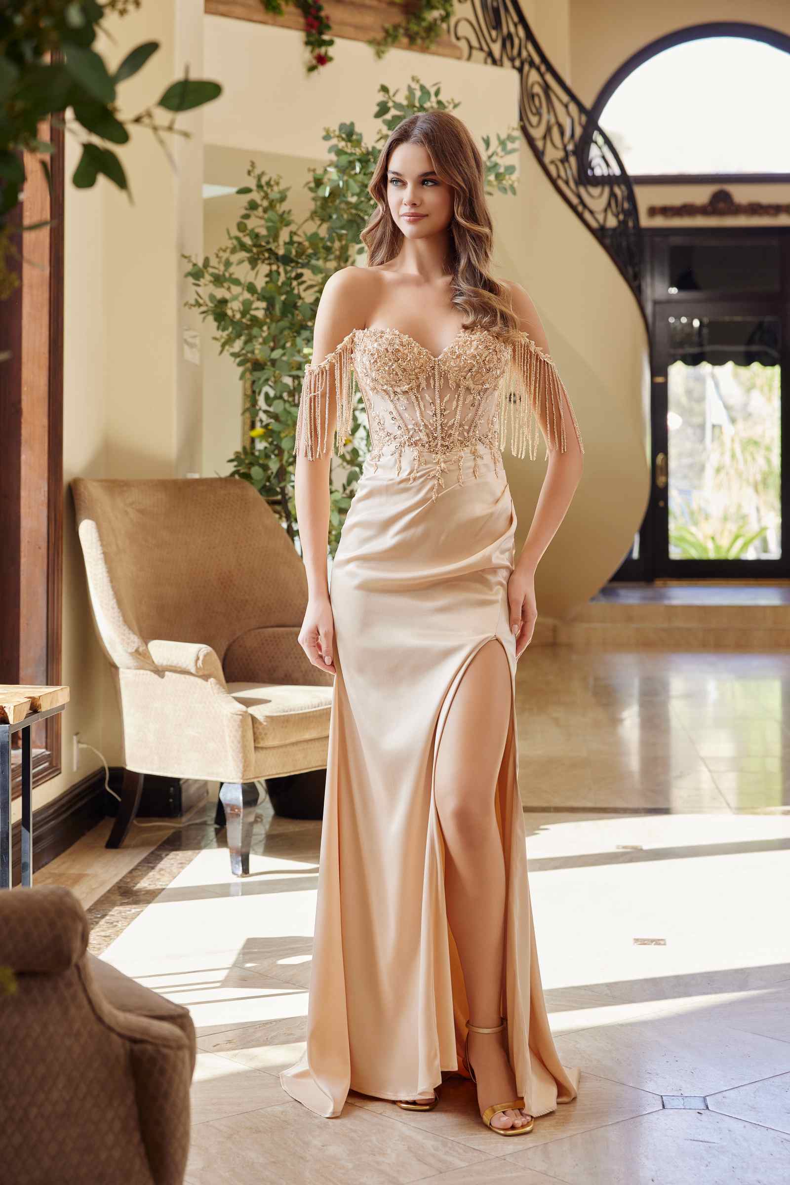 Nox Anabel F1571 Fringed Off-Shoulder Sequin Sweetheart Neckline Dress