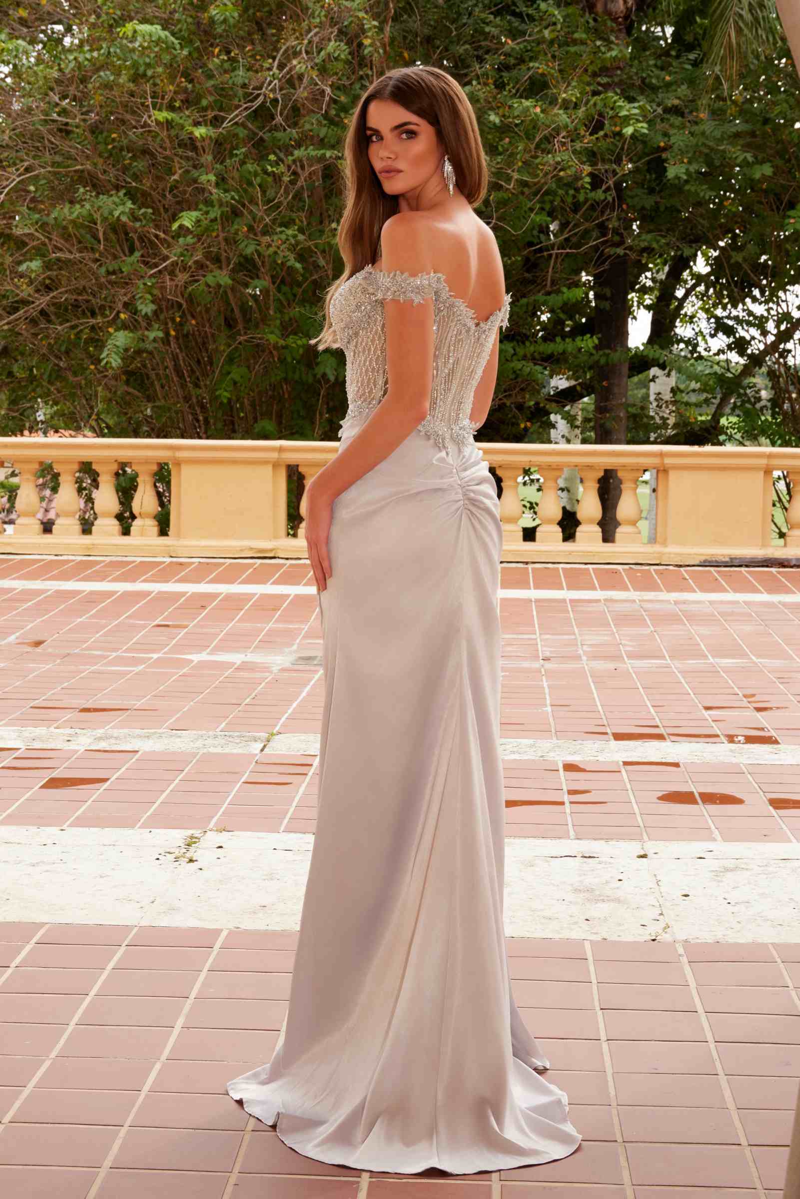 Nox Anabel F1572 Satin Sweetheart Sequin Applique Boned Waistline