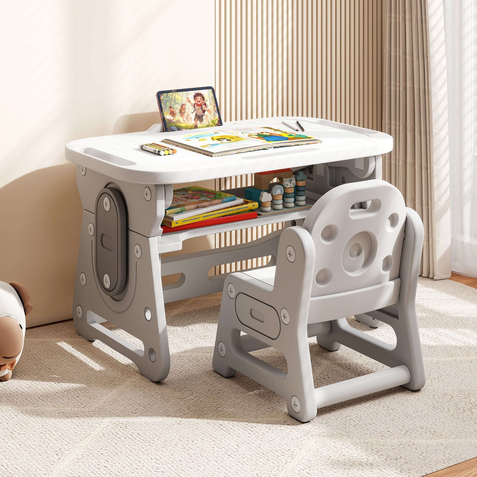 Height Adjustable Kids Table and Chair Set with Tiltable Whiteboard and Concave Shelf