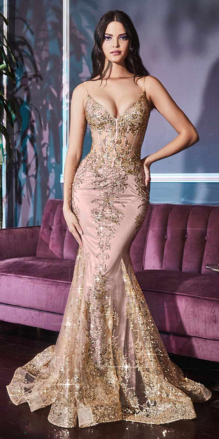 Ladivine J810 Long Fitted Floral Glitter Print Corset Gown