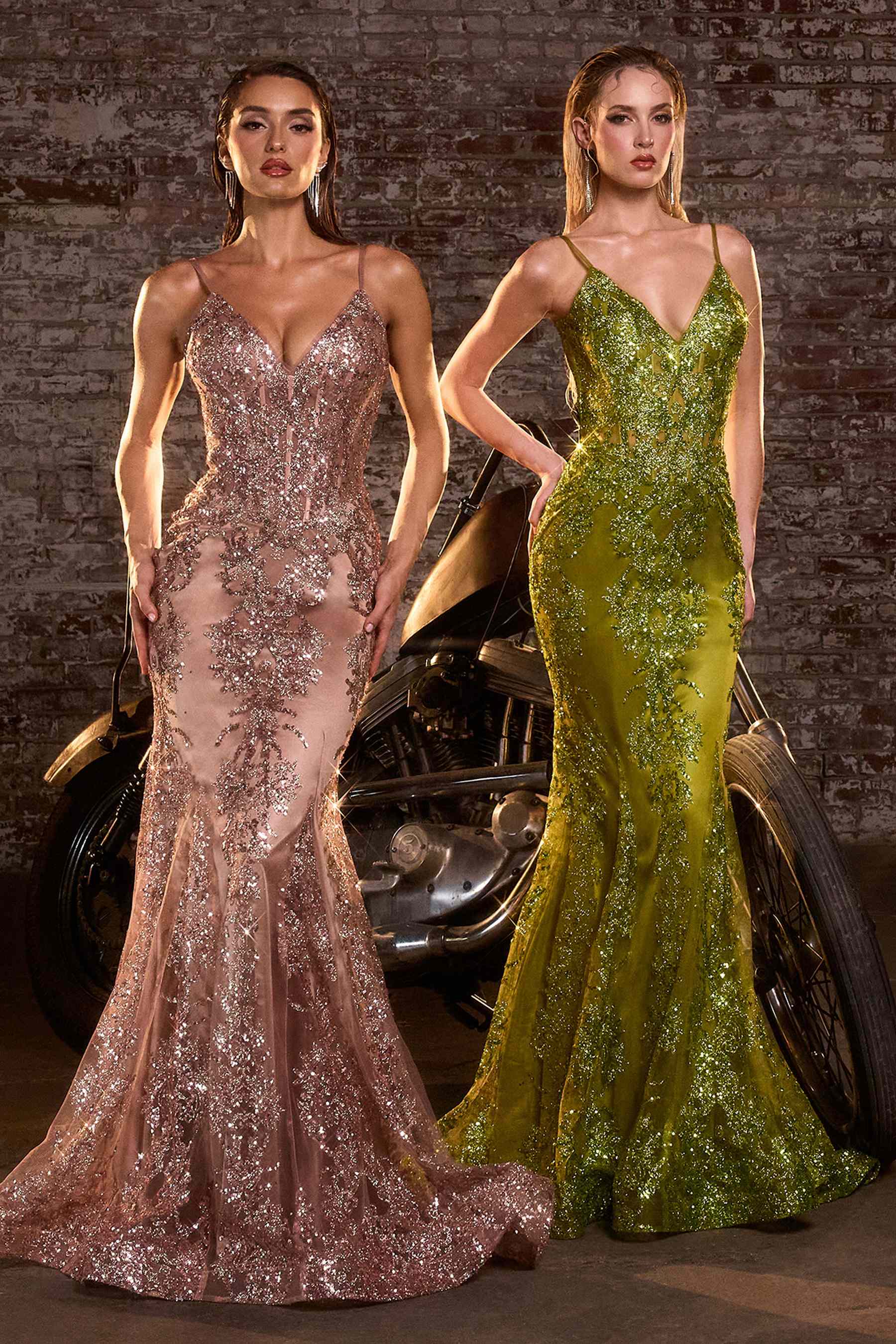 Ladivine J810 Long Fitted Floral Glitter Print Corset Gown
