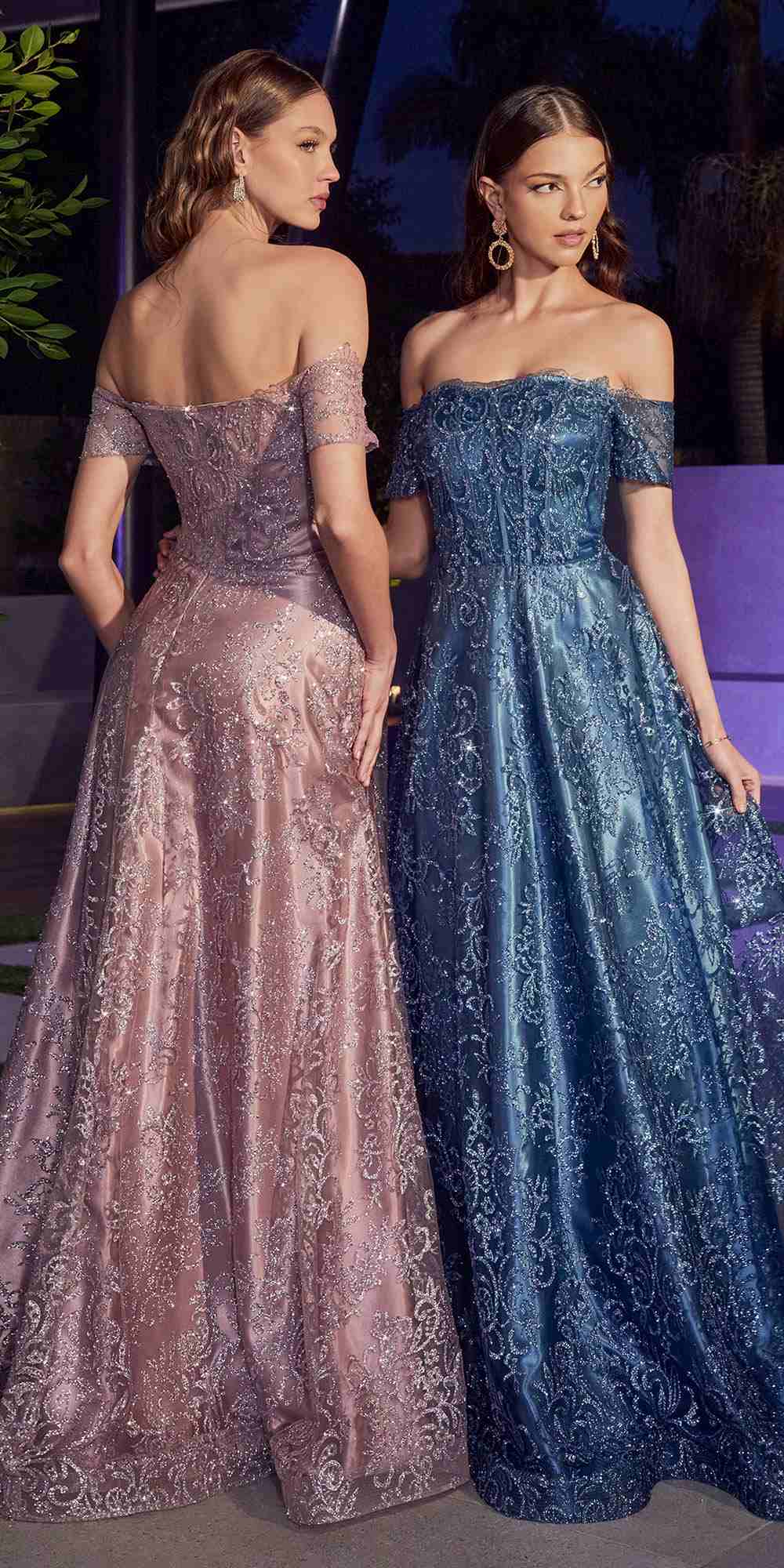Ladivine J835 Floor Length Off the Shoulder A-line Glitter Print Gown