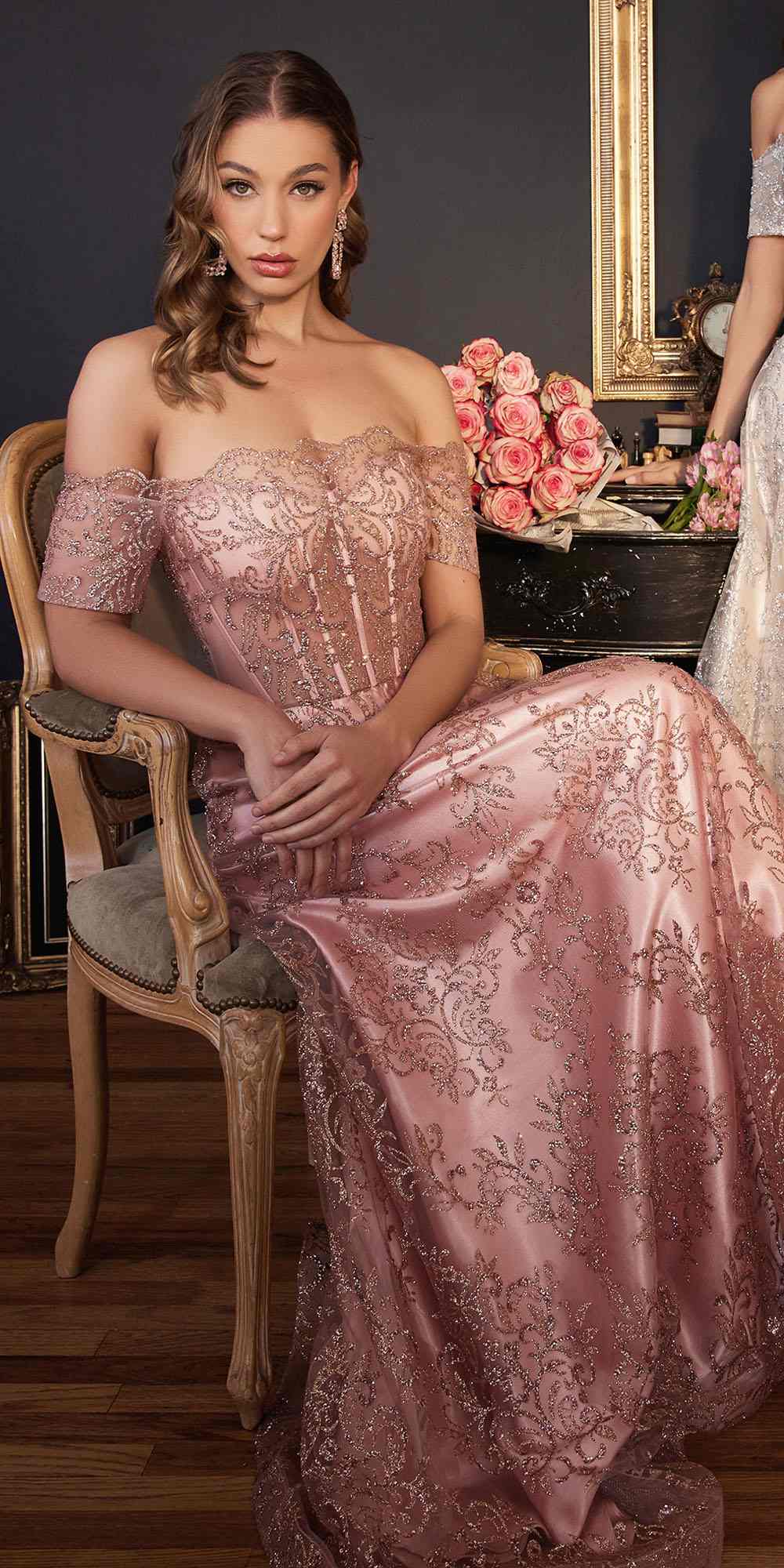 Ladivine J835 Floor Length Off the Shoulder A-line Glitter Print Gown