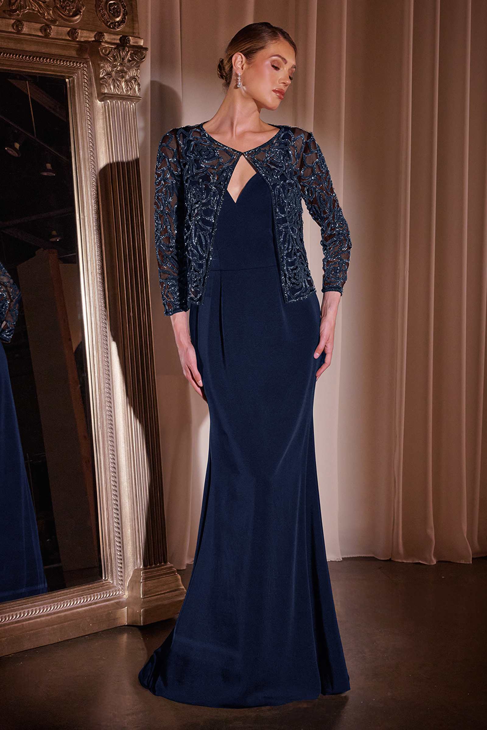 Ladivine J881 Long Fit and Flare Crepe Gown With Removable Jacket