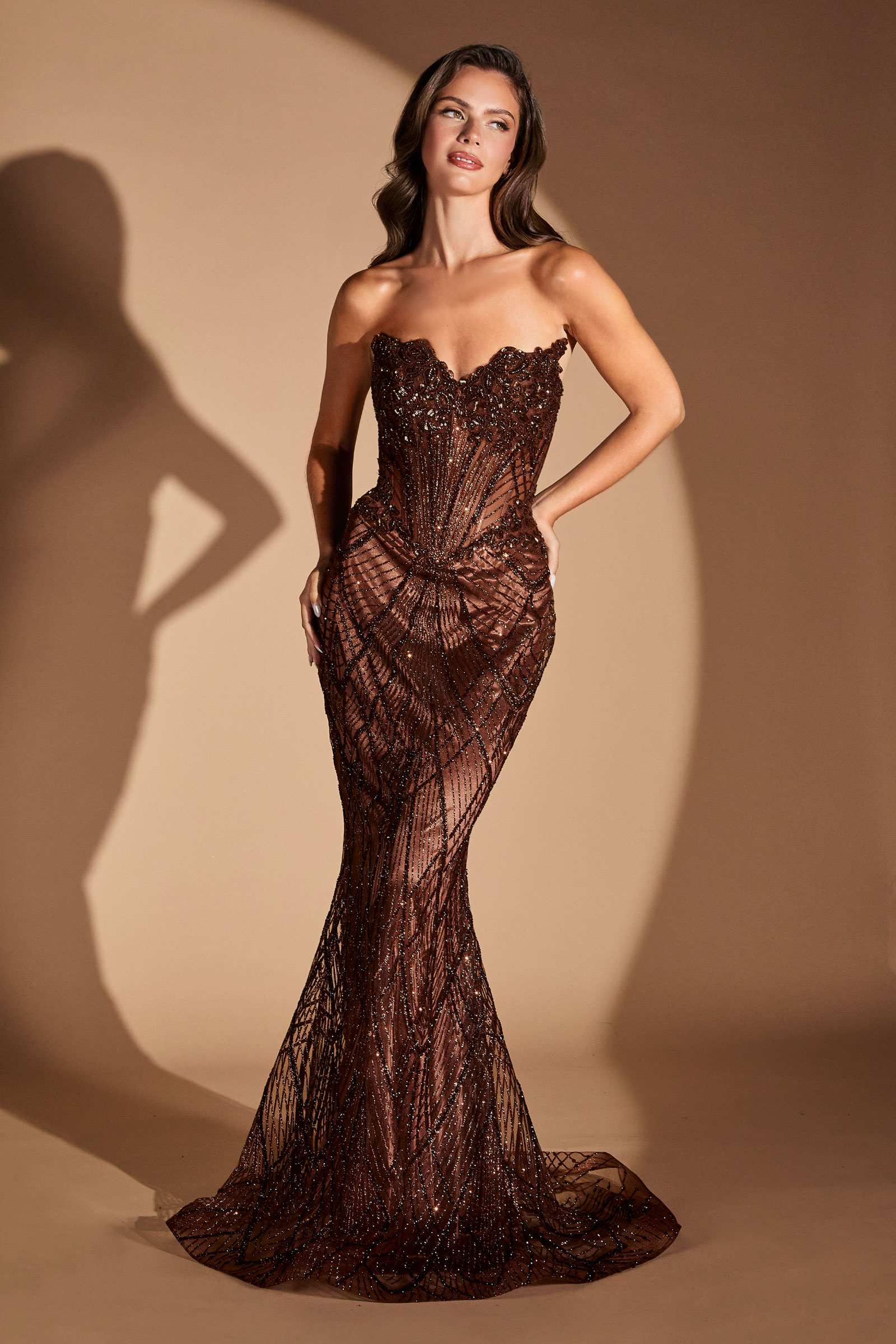 Ladivine J888 Long Strapless Fitted Sweetheart Sequin Bodice Gown