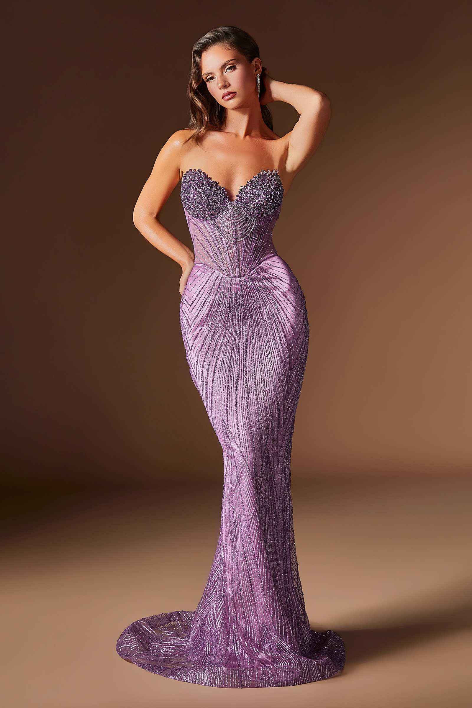 Ladivine J903 Lavish Crystal Encrusted Sheer Corset Bodice Fitted Gown