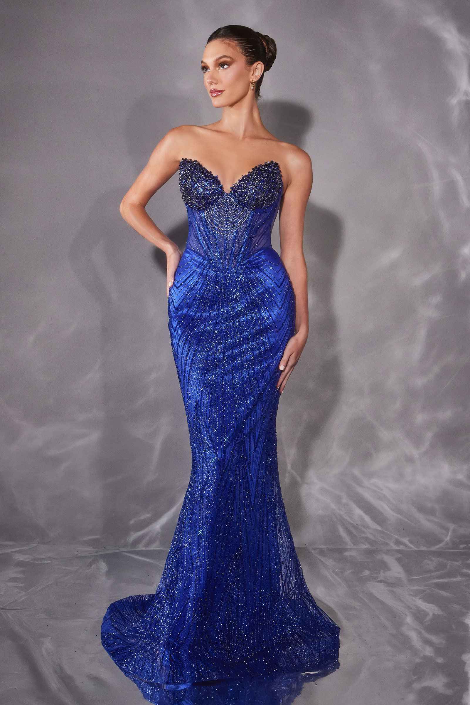 Ladivine J903 Lavish Crystal Encrusted Sheer Corset Bodice Fitted Gown