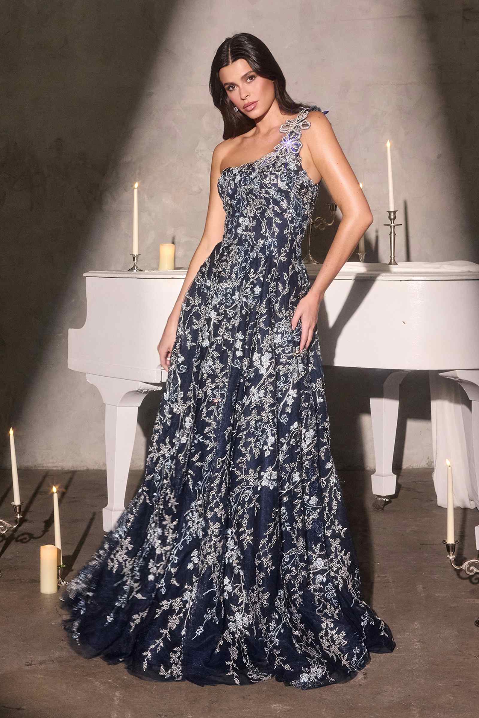 Ladivine J909 One Shoulder 3D Floral Applique Full Lace Beaded A-Line Gown