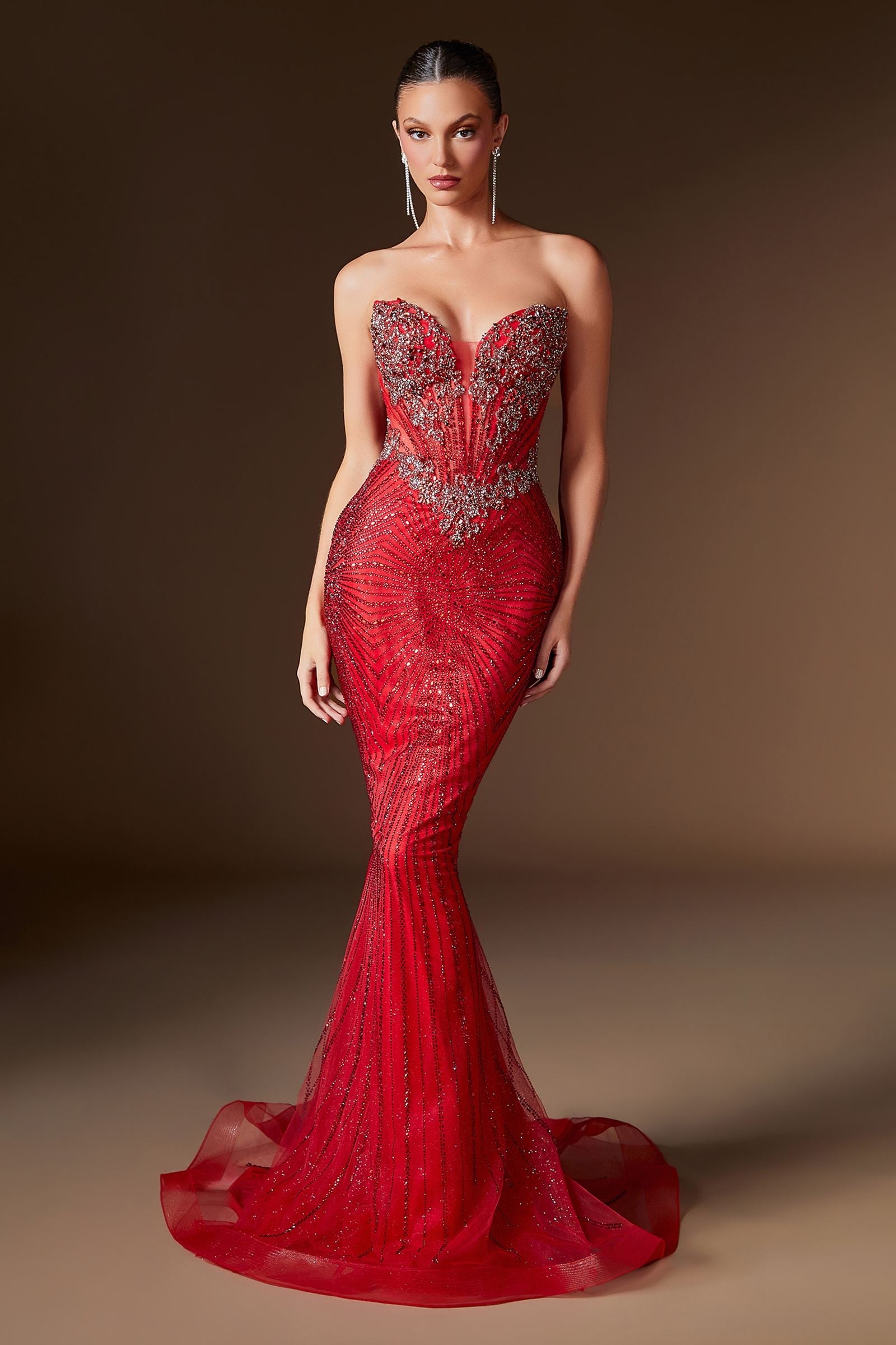 Ladivine KV1129 Strapless Sweetheart Neck Crystal Linear Beading Gown