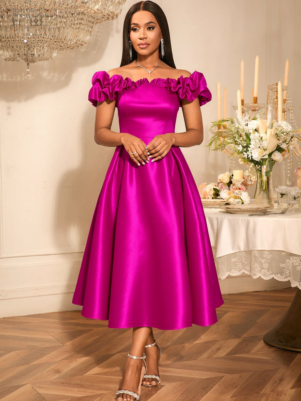 Sexy off the Shoulder Puffy Pleated Waist Tight a Expansion Dress Cocktail Wedding Bridesmaid Midi Dress