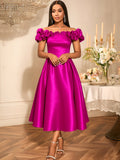 Sexy off the Shoulder Puffy Pleated Waist Tight a Expansion Dress Cocktail Wedding Bridesmaid Midi Dress