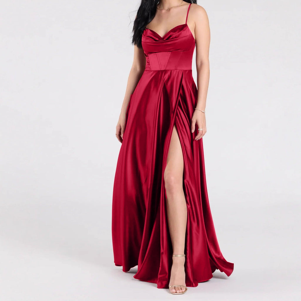 Bridesmaid Dress Long Maxi Dress Slimming Shoulder Hollow Out Cutout Slit Pleated Elegant Evening Dress