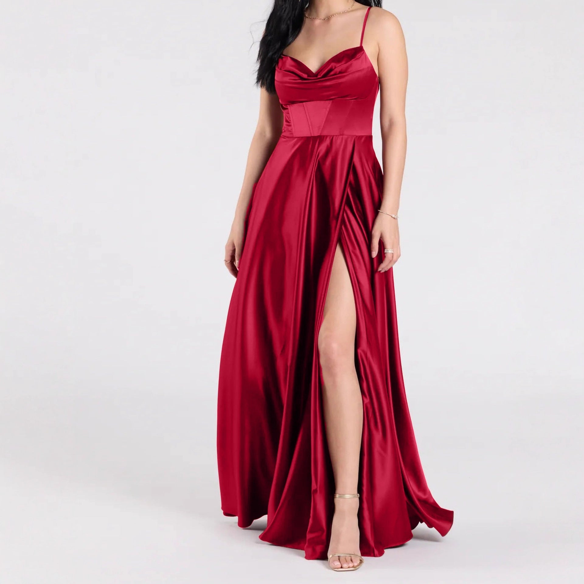 Bridesmaid Dress Long Maxi Dress Slimming Shoulder Hollow Out Cutout Slit Pleated Elegant Evening Dress