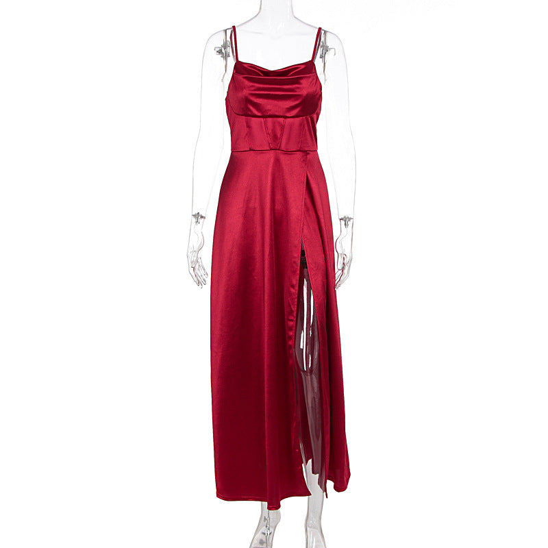 Bridesmaid Dress Long Maxi Dress Slimming Shoulder Hollow Out Cutout Slit Pleated Elegant Evening Dress